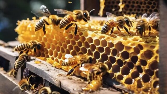 Beehive Buzz: A busy honey bee flits between the hive roof and a wooden board, surrounded by sweet honeycomb, wax, and buzzing companions
