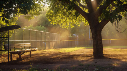 Sunrise light streaming into peaceful baseball dugout area - obrazy, fototapety, plakaty