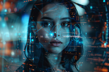 Futuristic portrait of a woman surrounded by digital information - obrazy, fototapety, plakaty