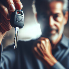 Person holding car keys with blurred silhouette of a car in the background, emphasizing the keys. AI generated.