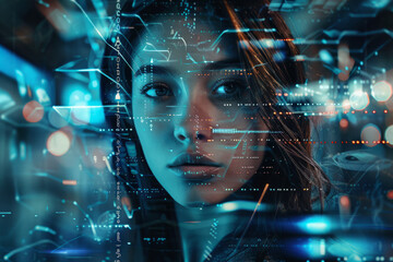 Futuristic portrait of a woman with advanced cyberware and glowing neon lights - obrazy, fototapety, plakaty