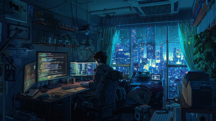 Programmer coding late at night in a bustling city view apartment