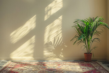 Sunlit room with a houseplant and patterned rug by the wall