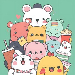 Set of cute animals holding drink glasses , cartoon kawaii illustration