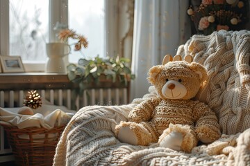 Cozy rocking chair for a nursery, with soft cushions and a plush teddy bear.