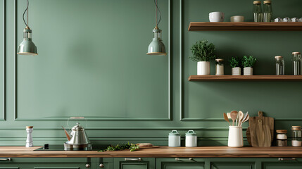Obraz premium Green wall panelling with wooden shelf in kitchen room