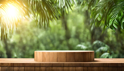 wooden stage on nature background with presentation.