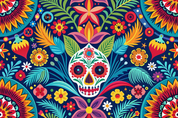 Un patr&oacute;n vectorial sin costuras que presenta motivos florales vibrantes con contornos atrevidos, que recuerdan al arte popular mexicano, perfecto para decoraciones o dise&ntilde;os de telas del Cinco de May