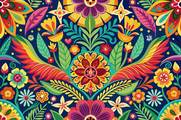 Fototapeta na wymiar Un patrón vectorial sin costuras que presenta motivos florales vibrantes con contornos atrevidos, que recuerdan al arte popular mexicano, perfecto para decoraciones o diseños de telas del Cinco de May