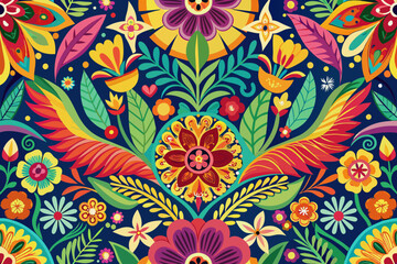 Un patr&oacute;n vectorial sin costuras que presenta motivos florales vibrantes con contornos atrevidos, que recuerdan al arte popular mexicano, perfecto para decoraciones o dise&ntilde;os de telas del Cinco de May