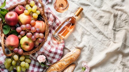 A picnic basket filled with natural foods like fruit and bread, placed on a checkered blanket for a relaxing outdoor meal AIG50