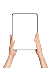 Female hands holding tablet with blank screen on empty background
