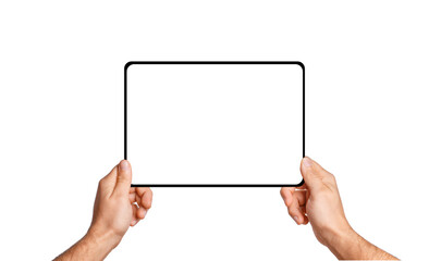 Male hands holding tablet with blank screen on empty background