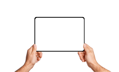 Male hands holding tablet with blank screen on empty background