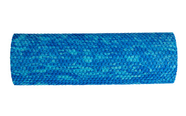 Fototapeta premium A blue massage foam roller isolated on a white background. Close-up. Foam rolling is a self myofascial release technique. Concept of fitness equipment.