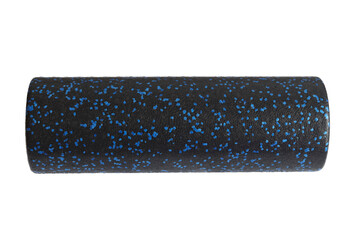 A black blue massage foam roller isolated on a white background. Close-up. Foam rolling is a self myofascial release technique. Concept of fitness equipment.