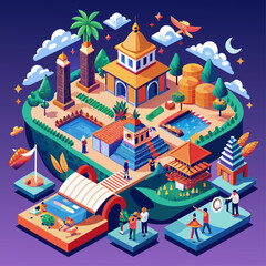 houses in the city, multinational culture isometric composition backgrounds graphics