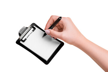 White paper on a black plate and a woman's hand about to write on a blank background