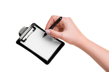 White paper on a black plate and a woman's hand about to write on a blank background