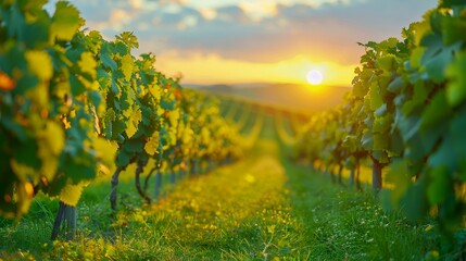 The image shows a beautiful sunset over a lush, green vineyard.
