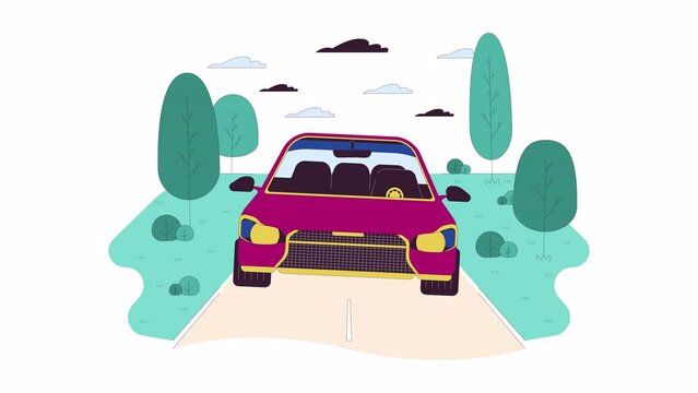 Car driving along rural road line cartoon animation. Road trip at countryside 4K video motion graphic. Auto riding in summer nature 2D linear animated scene isolated on white background