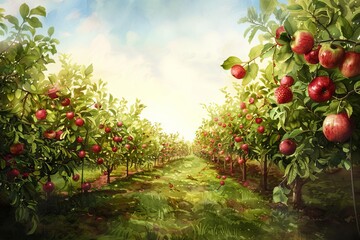 Fototapeta premium The image shows an apple orchard with ripe red apples hanging from the trees. The sun is shining through the trees, creating a beautiful scene.