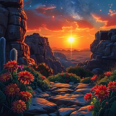 The AI-generated photo shows a beautiful landscape with a winding stone path leading through a valley. The sky is a deep orange, and the sun is setting behind the mountains. 