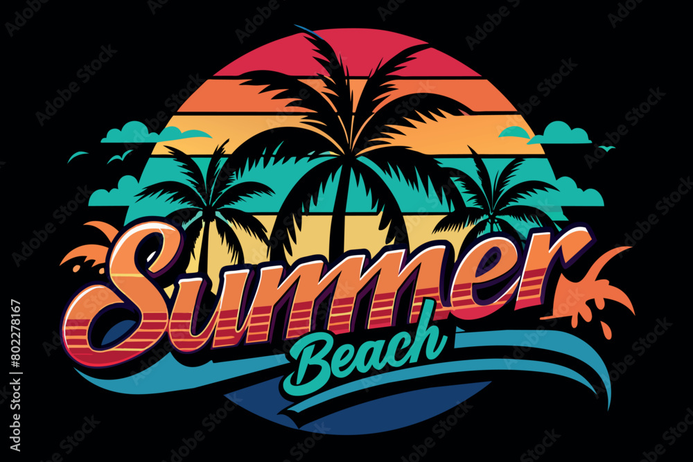 Wall mural A colorful poster of a beach with palm trees and the words Summer Beach