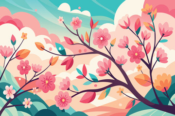 A colorful painting of a tree with pink flowers and leaves
