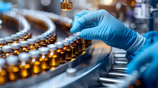 A technician inspects vials on a pharmaceutical production line