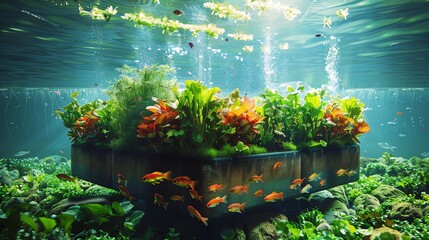 Vertical aquaponics system combining fish and plant cultivation, depicted against a serene blue water background