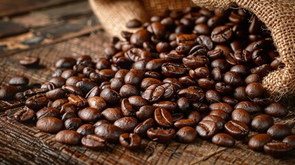 Fototapeta premium A close-up of glossy, dark roasted Arabica coffee beans, spilling from a burlap sack onto a rustic wooden table. Soft morning light highlights the beans' texture and rich color