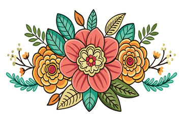 A colorful flower arrangement with yellow and orange flowers and green leaves