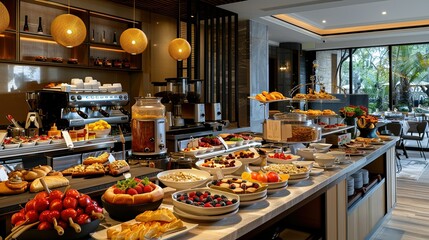 A luxurious hotel breakfast buffet scene, featuring an elegant spread of coffee, assorted bread, fruits, cereals, and hot dishes
