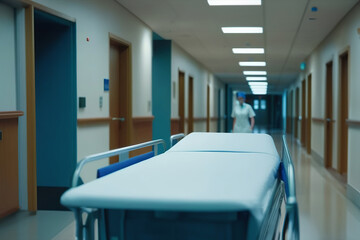 Hospital corridor with a nurse and empty stretcher, emphasizing urgent care