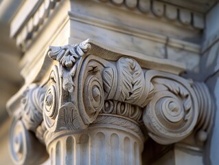 Naklejka premium Close-up of an intricately carved Corinthian capital, showcasing historical craftsmanship against a soft focus background.