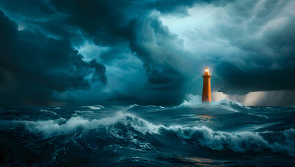 Waves hitting a lighthouse in Scotland.
