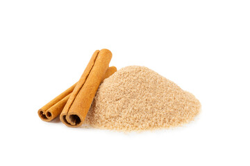 Cinnamon sugar isolated on white background. Homemade cinnamon sugar in a bowl on background. Brown sugar. Spice mixture for drinks and baking. Place for text. Copy space.