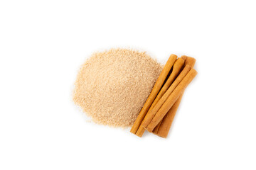 Cinnamon sugar isolated on white background. Homemade cinnamon sugar in a bowl on background. Brown sugar. Spice mixture for drinks and baking. Place for text. Copy space.