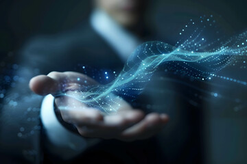 Data flow on businessman hand, cloud technology, online and digital storage system