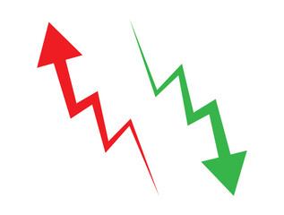 Graph going Up and Down sign with green and red arrows vector. Flat design vector illustration concept of sales bar chart symbol icon with arrow moving down and sales bar chart with arrow moving up.