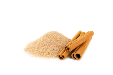 Cinnamon sugar isolated on white background. Homemade cinnamon sugar in a bowl on background. Brown sugar. Spice mixture for drinks and baking. Place for text. Copy space.