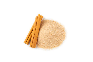 Cinnamon sugar isolated on white background. Homemade cinnamon sugar in a bowl on background. Brown sugar. Spice mixture for drinks and baking. Place for text. Copy space.