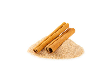 Cinnamon sugar isolated on white background. Homemade cinnamon sugar in a bowl on background. Brown sugar. Spice mixture for drinks and baking. Place for text. Copy space.