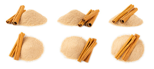 Cinnamon sugar isolated on white background. Homemade cinnamon sugar in a bowl on background. Brown sugar. Spice mixture for drinks and baking. Place for text. Copy space.