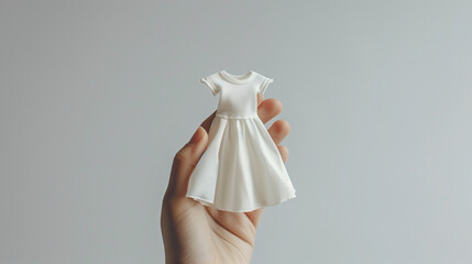 Mockup of tiny clothes. A cute white mini casual dress is held by a woman hands on a plain white background with copy-space for text suit for a fashion advertisement.