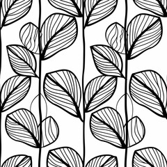 A geometric pattern seamless tile, vector, leaves, black lines and white background