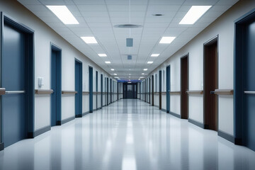 Modern hospital corridor with sleek blue doors and reflective floors