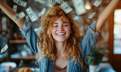 Exuberant Woman Celebrating with Money Falling