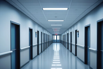 Modern hospital corridor with sleek blue doors and reflective floors